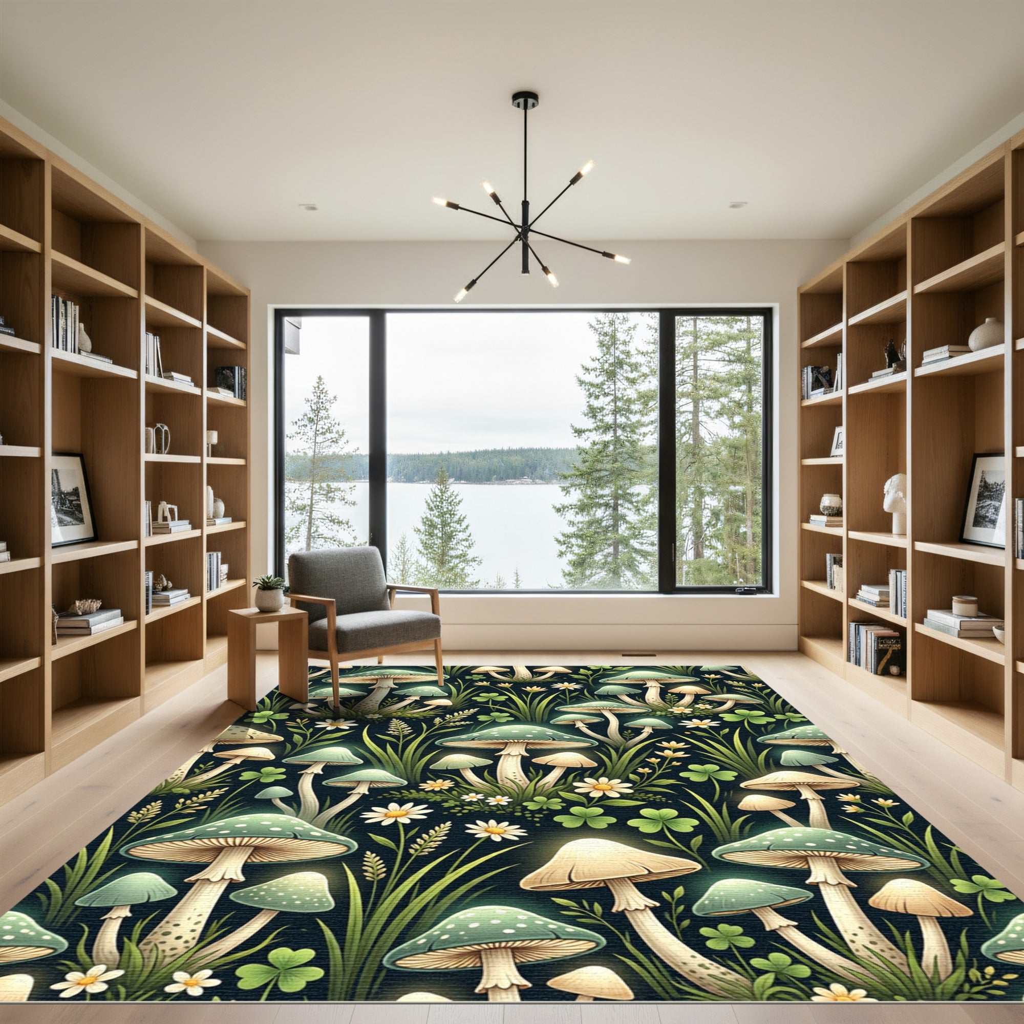 Ethereal Green Enchanted Forest Mushroom Illustration Rug