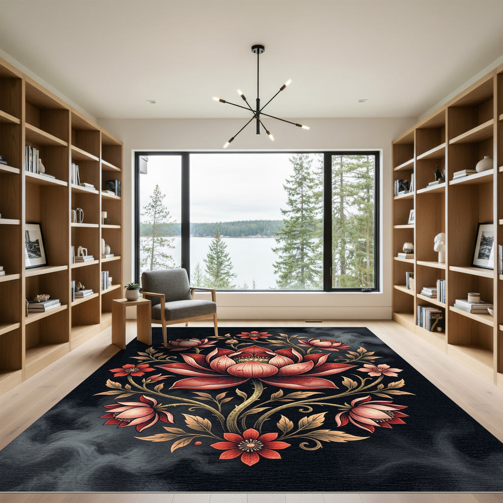 Radiant Crimson Lotus Floral Medallion Rug