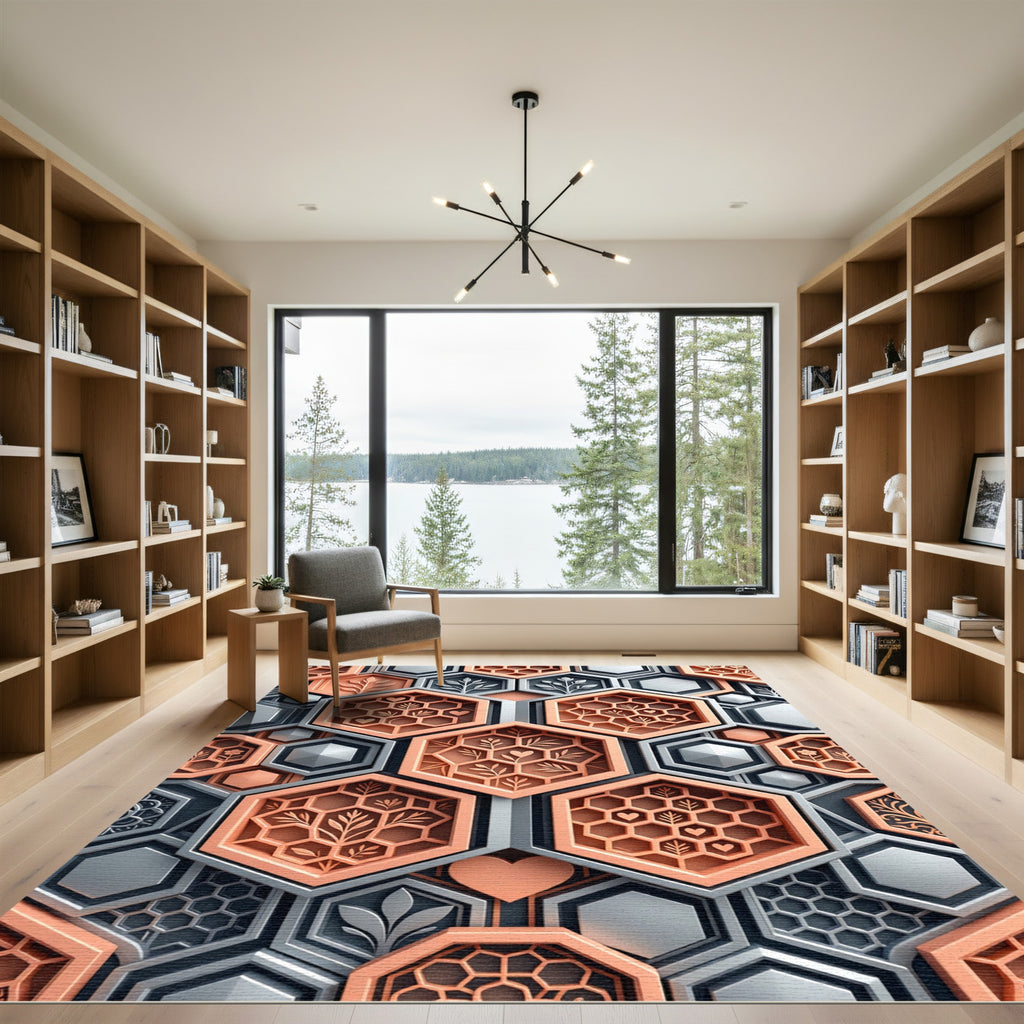Metallic Copper Hexagonal Botanical Honeycomb Rug