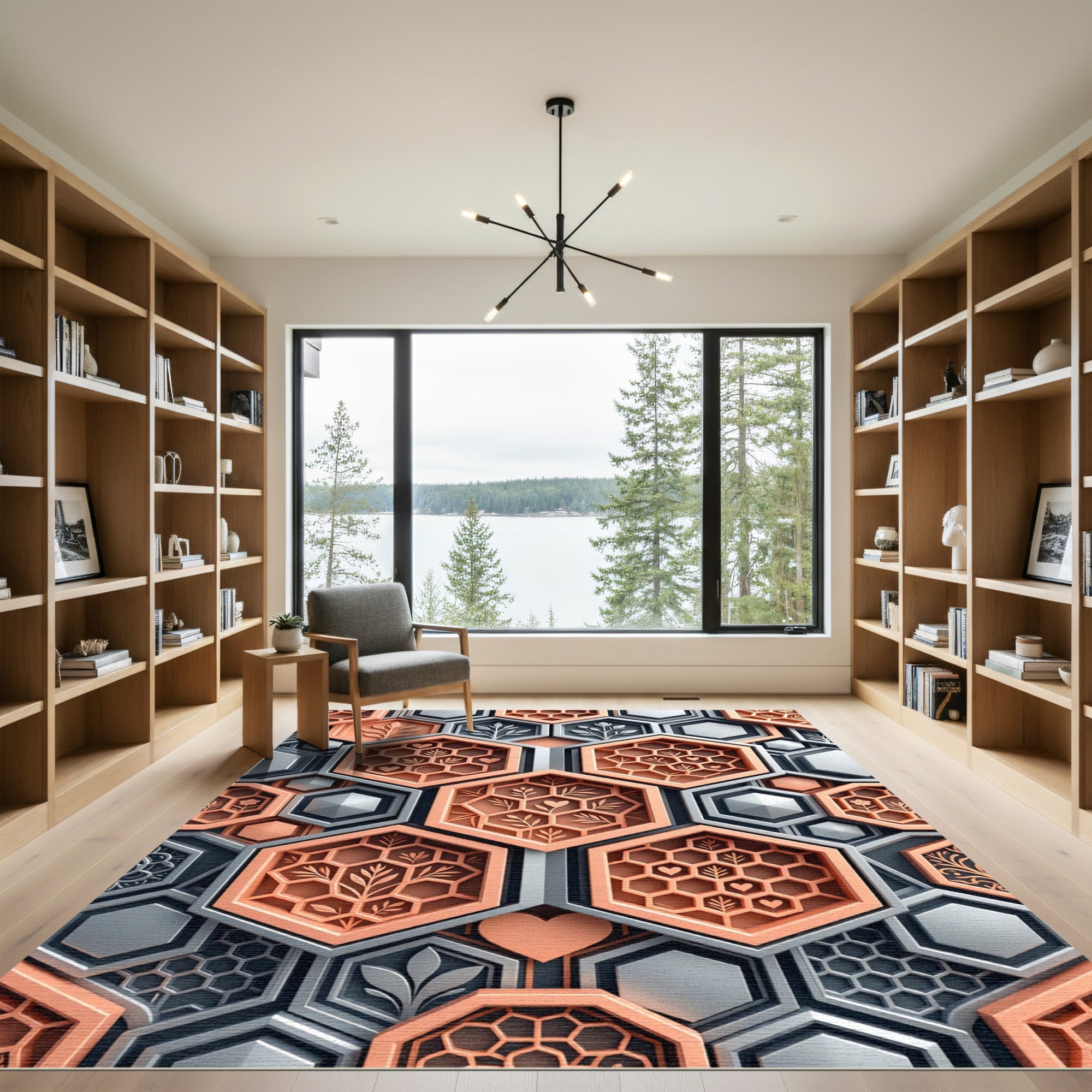 Metallic Copper Hexagonal Botanical Honeycomb Rug