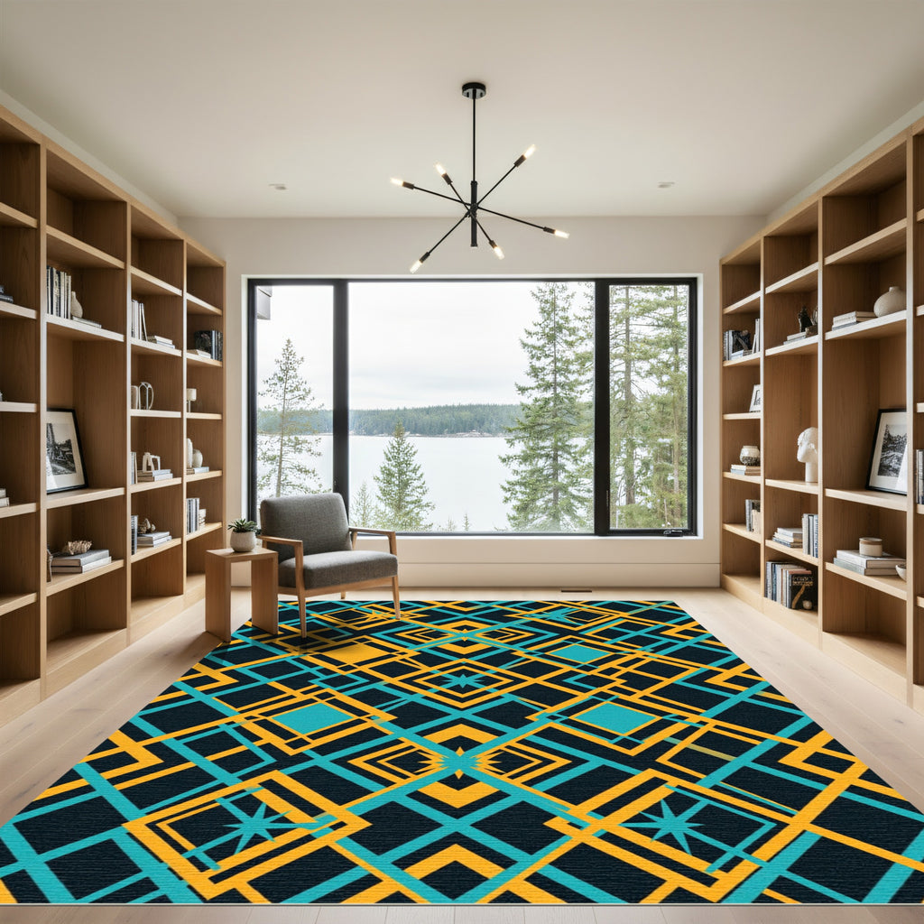 Geometric Teal and Amber Diamond Lattice Rug