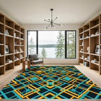 Geometric Teal and Amber Diamond Lattice Rug