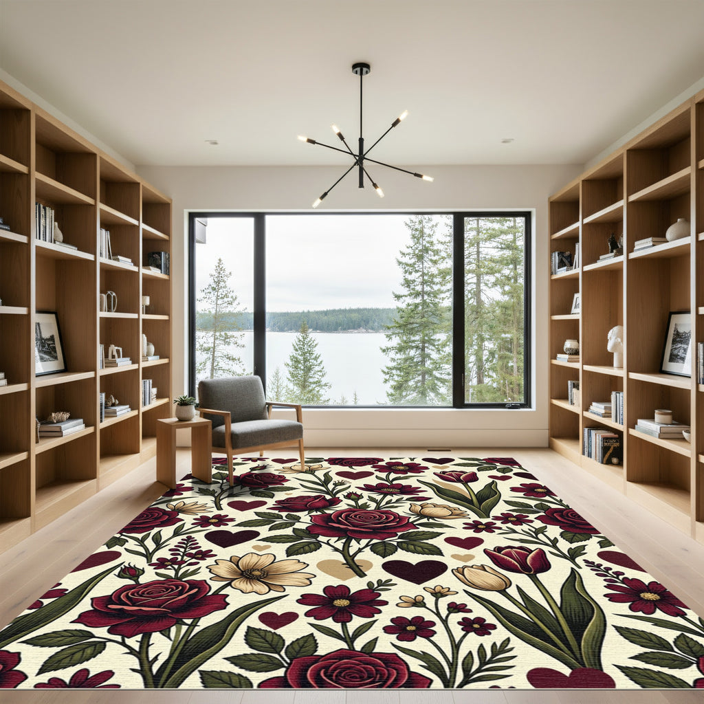 Romantic Crimson Rose Floral Heart Art Rug