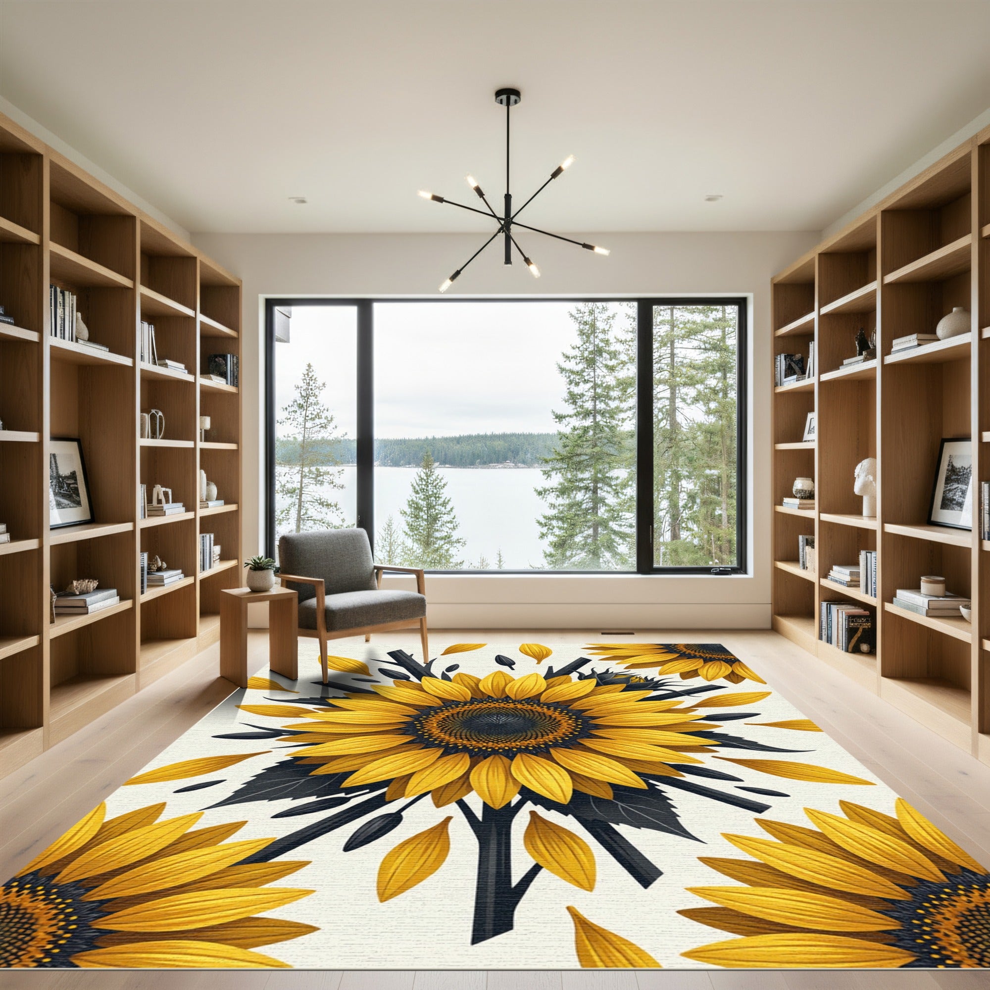 Bold Yellow Sunflower Charcoal Floral Illustration Rug