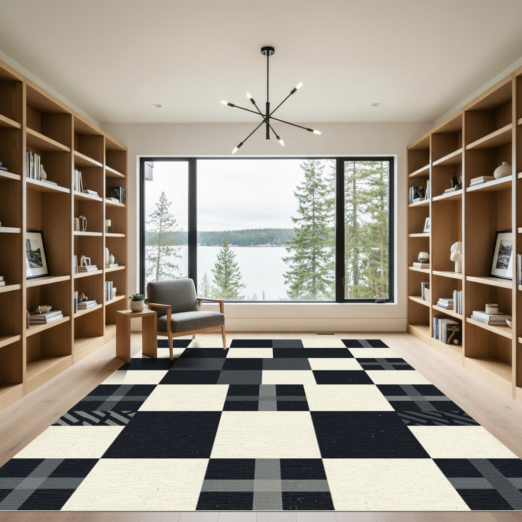 Modern Monochrome Geometric Checkerboard Square Rug
