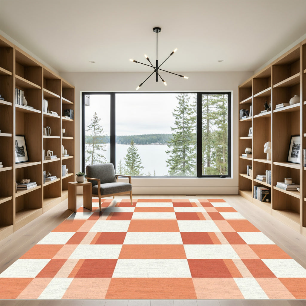 Modern Burnt Orange Grid Checkered Rug