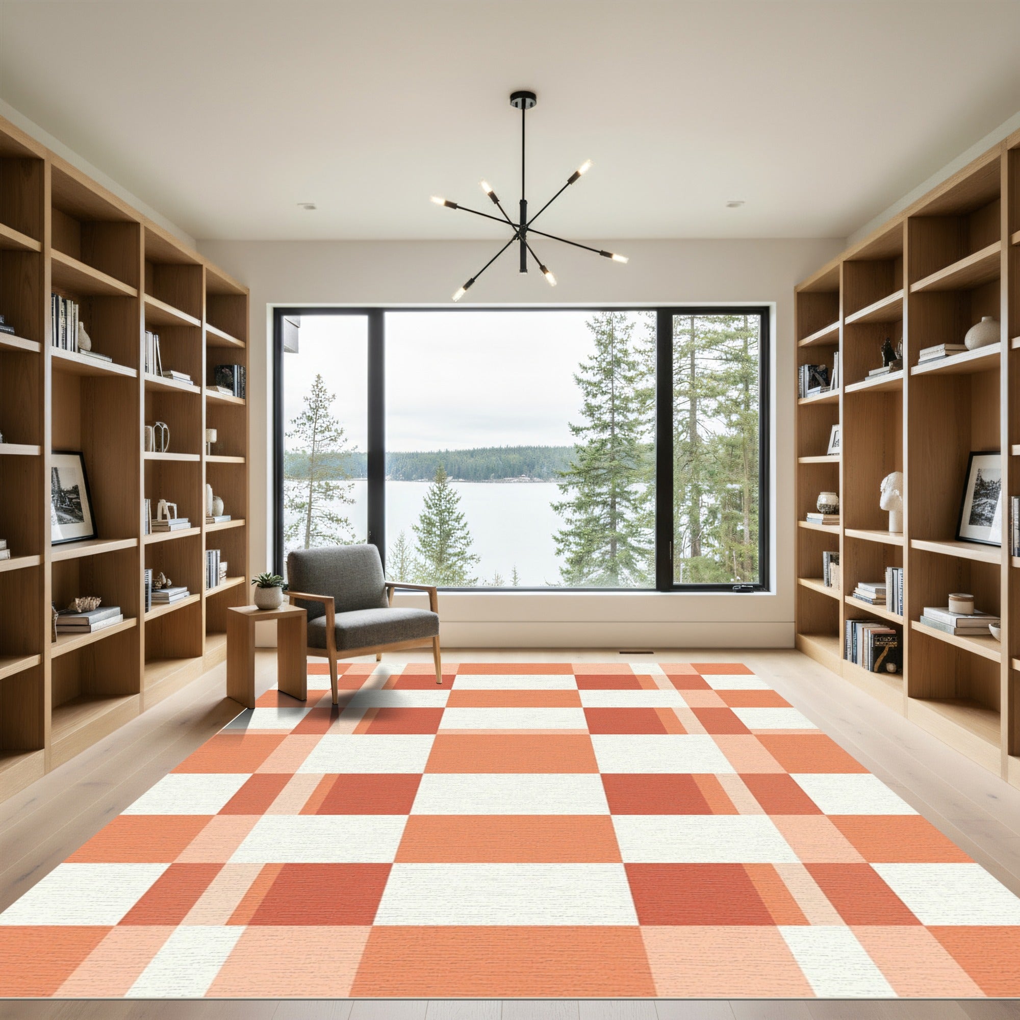 Modern Burnt Orange Grid Checkered Rug