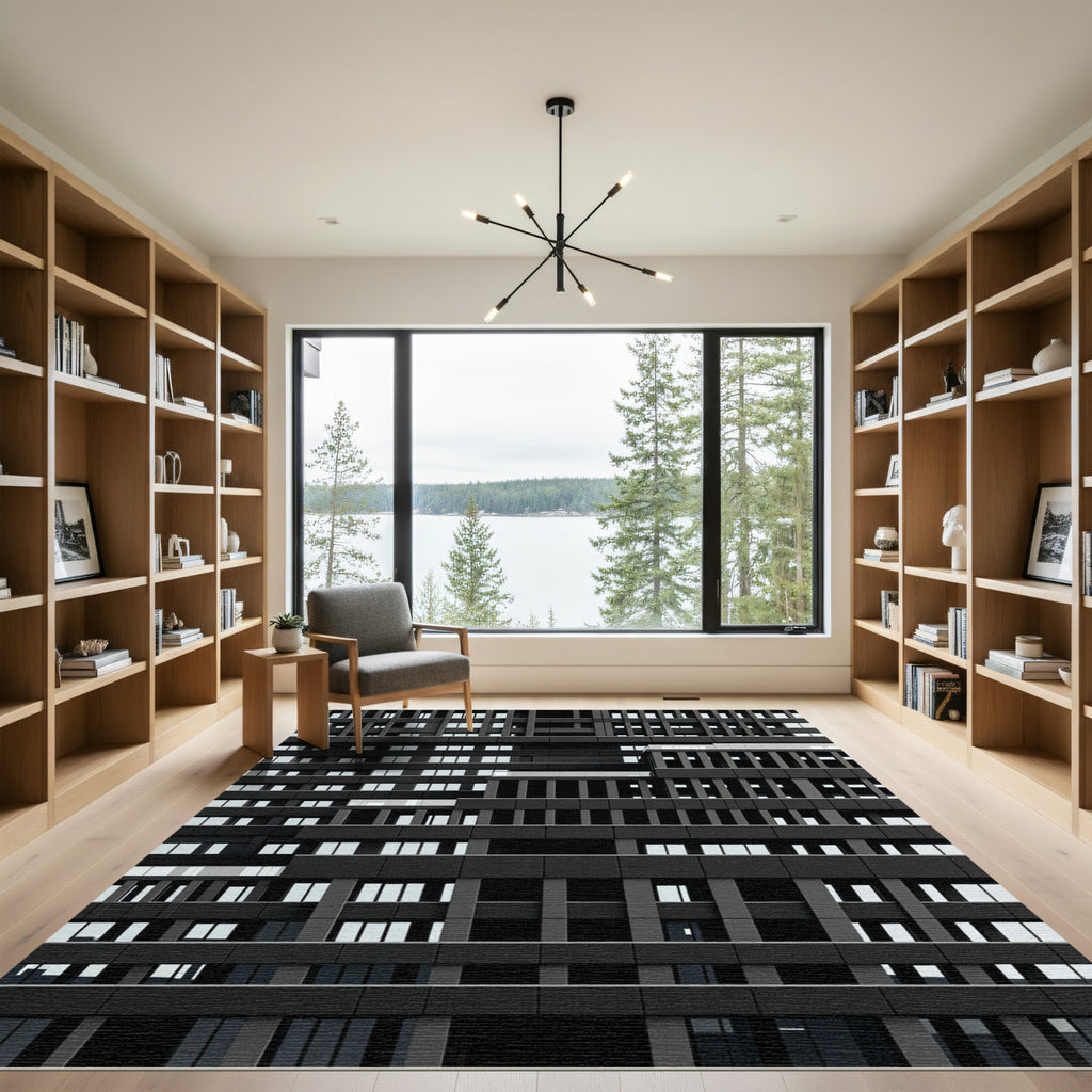 Monochromatic Dark Architectural Grid Structure Rug