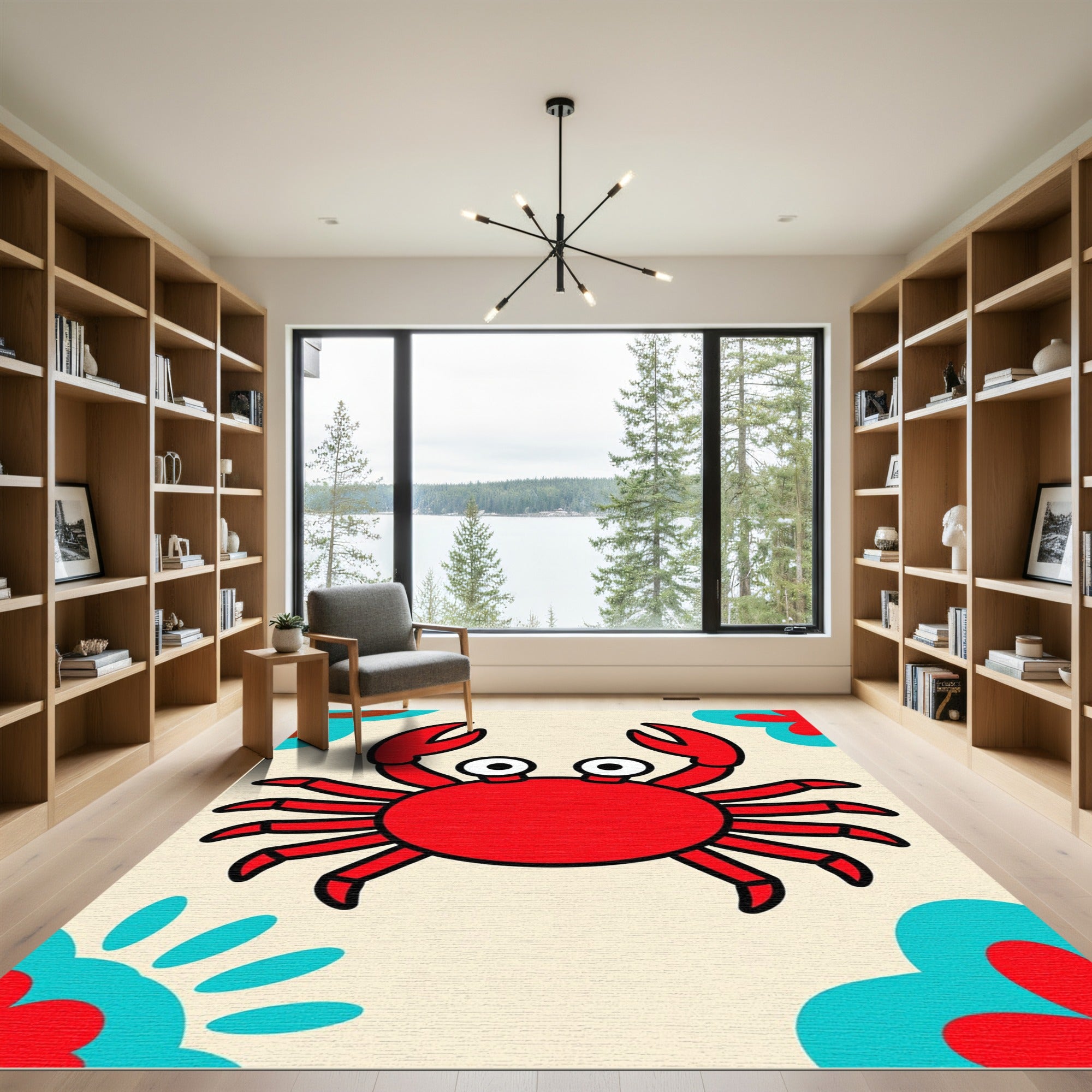 Whimsical Red Crab With Blue Flora Rug
