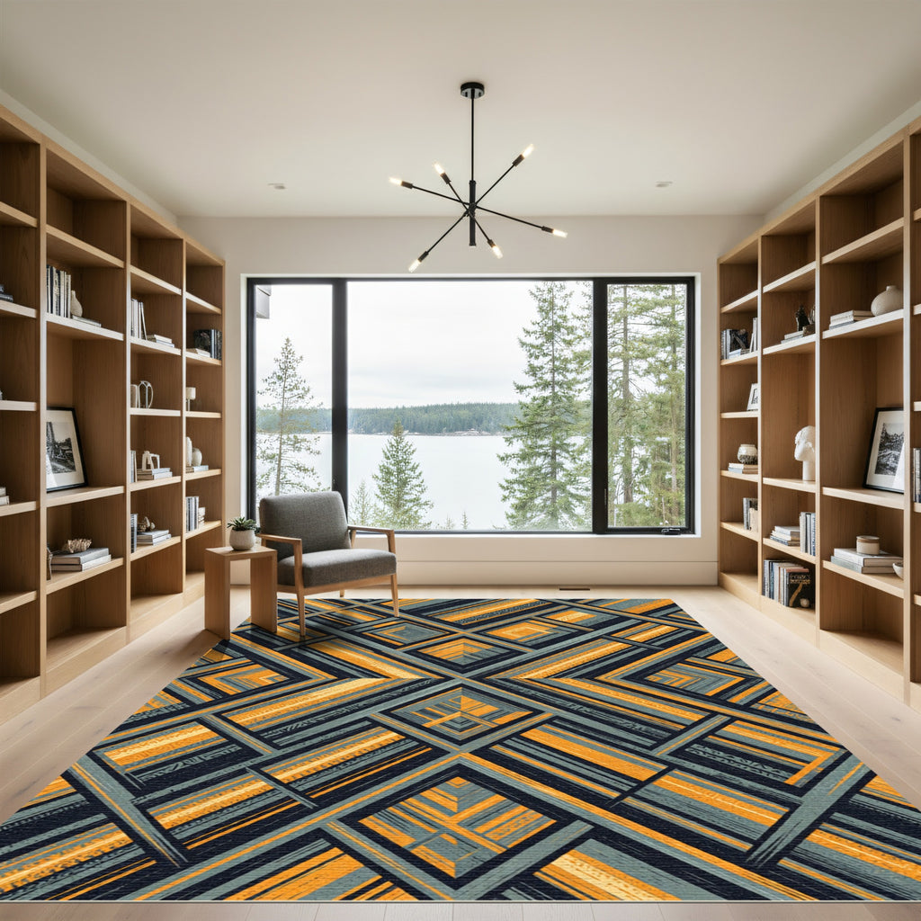 Modern Charcoal and Gold Geometric Diamond Rug