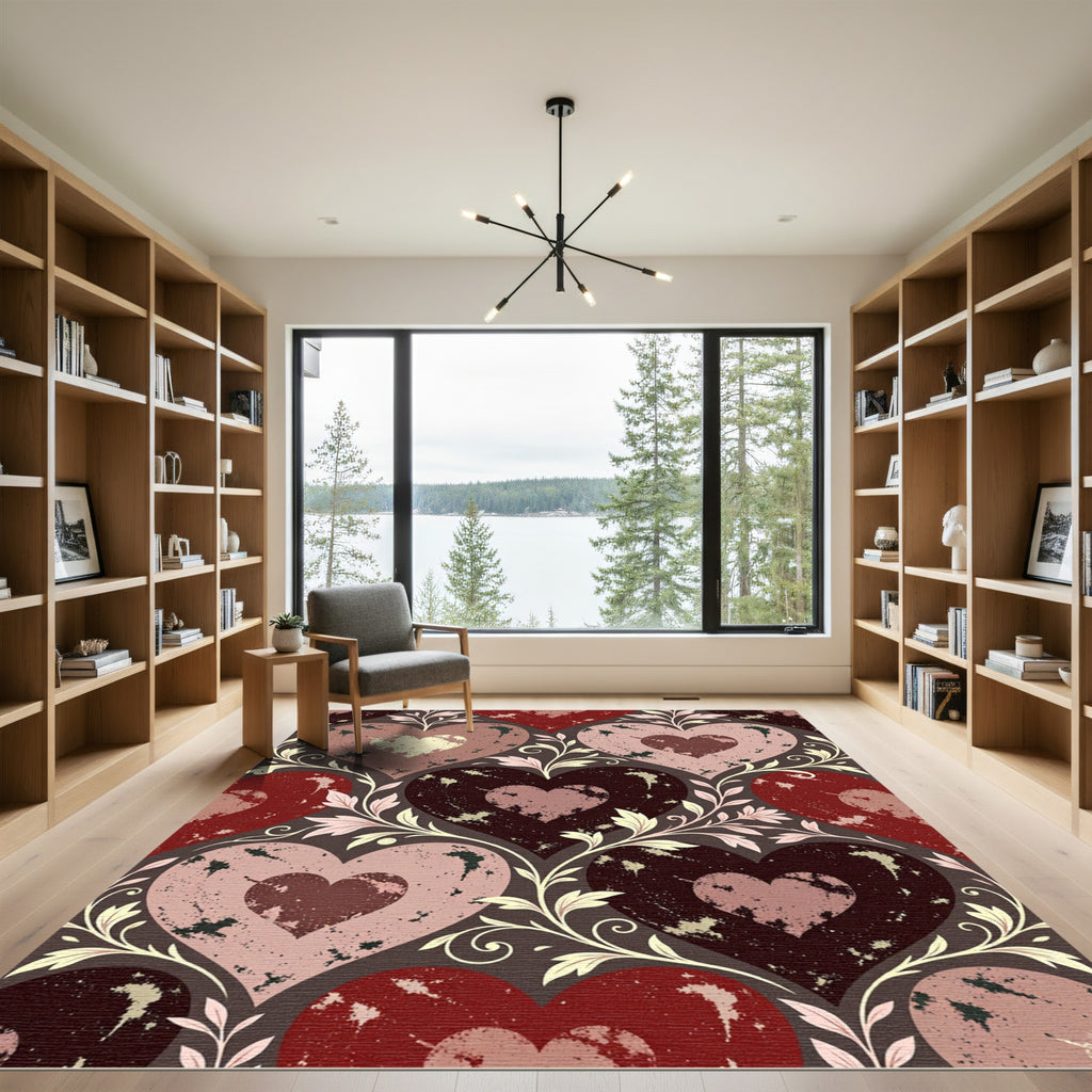 Distressed Romantic Heart Floral Scroll Rug