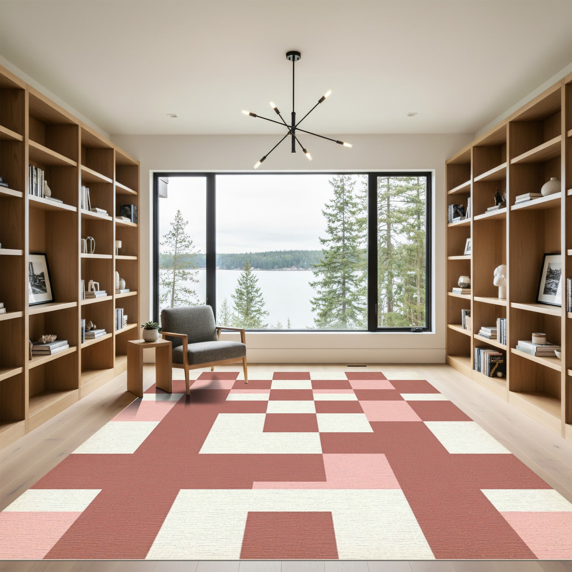 Minimalist Terracotta and Blush Geometric Grid Rug