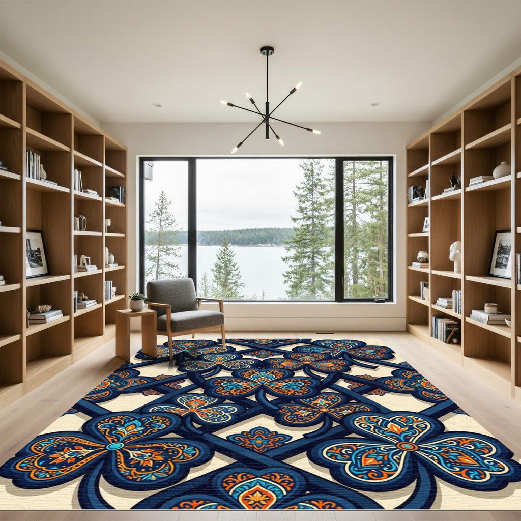 Ornate Navy Orange Clover Lattice Rug