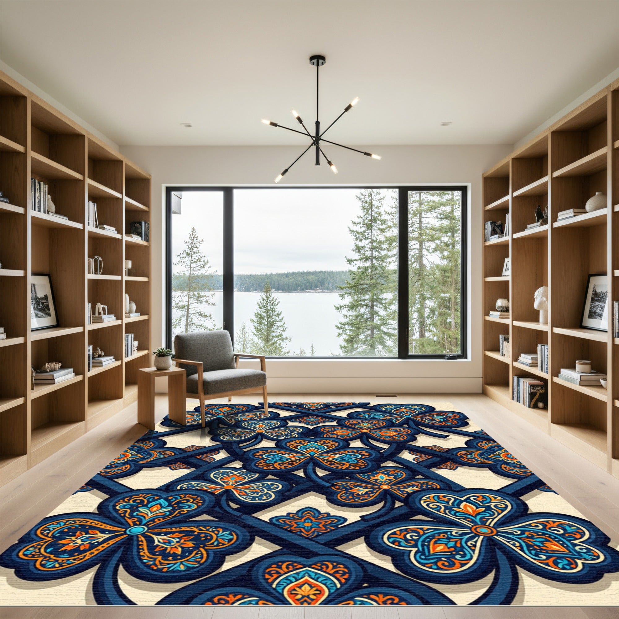 Ornate Navy Orange Clover Lattice Rug