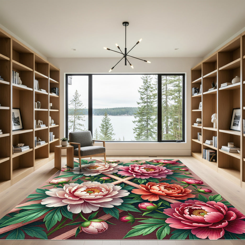 Pink Coral Peony Blossom Garden Rug