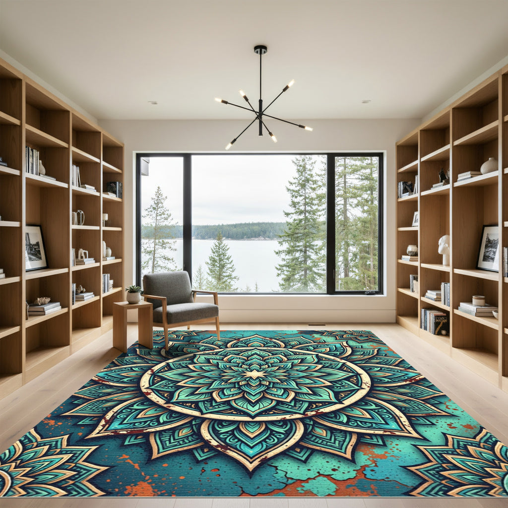 Teal Mandala Medallion Distressed Floral Rug