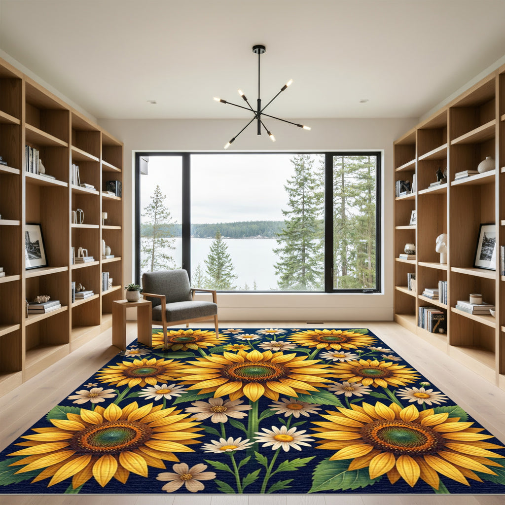 Sunflowers and Daisies Navy Botanical Rug