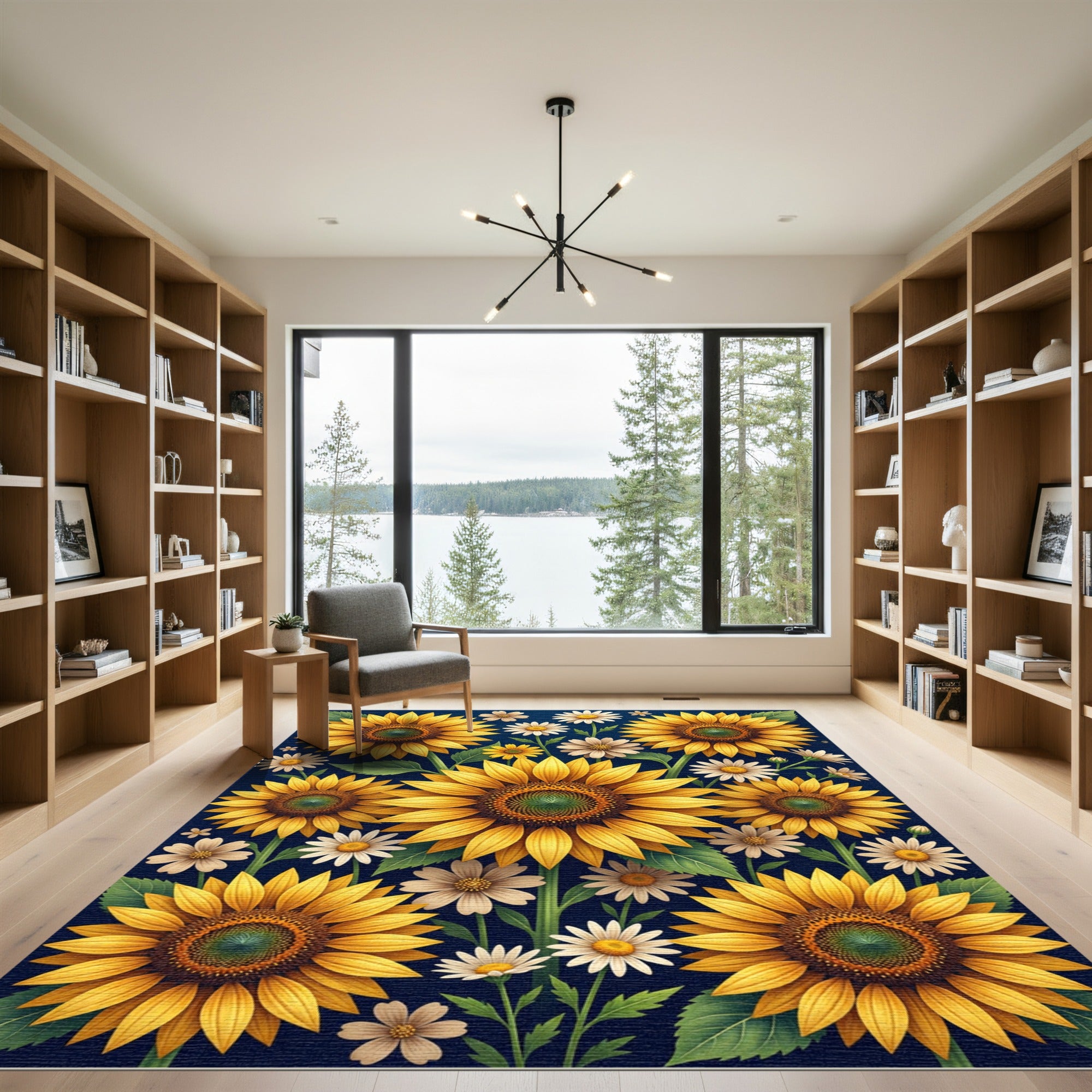 Sunflowers and Daisies Navy Botanical Rug