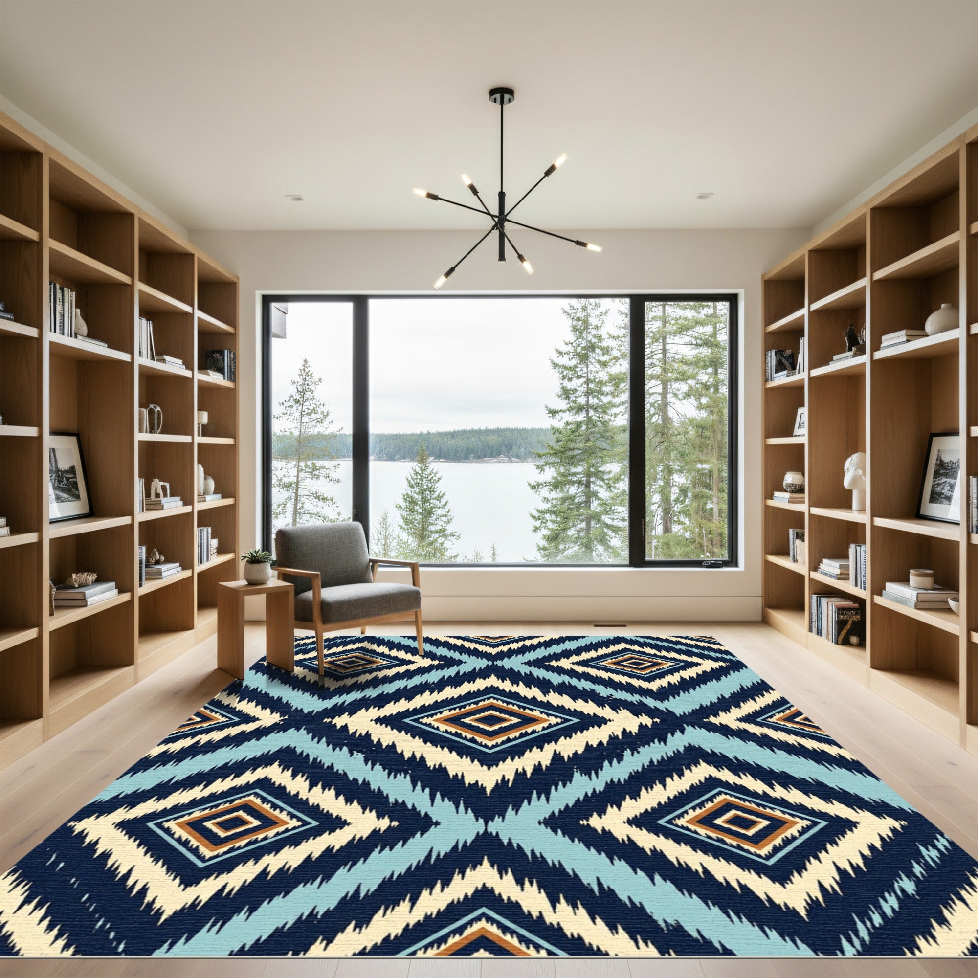 Navy Blue Teal Diamond Ikat Rug