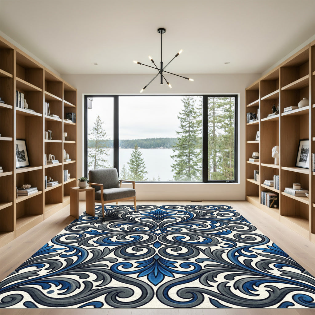 Elegant Navy and Gray Swirling Damask Rug
