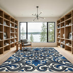 Elegant Navy and Gray Swirling Damask Rug