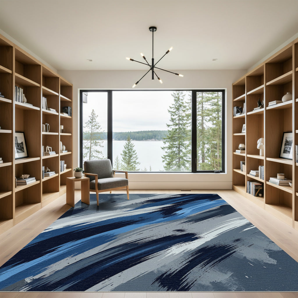 Abstract Blue Gray Brush Stroke Rug