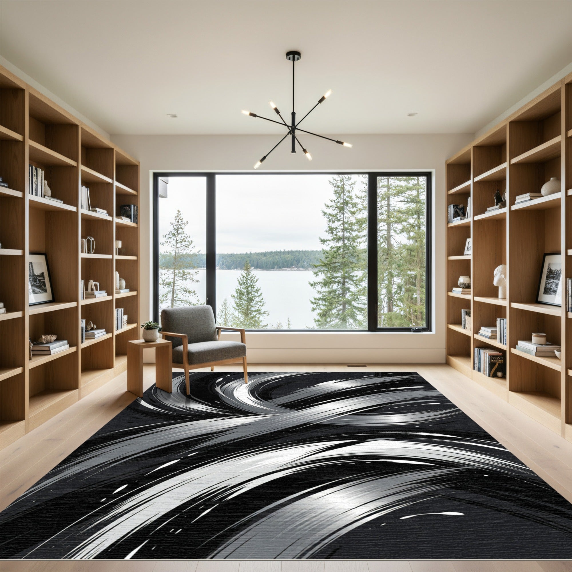 Monochrome Swirl Brushstroke Abstract Rug