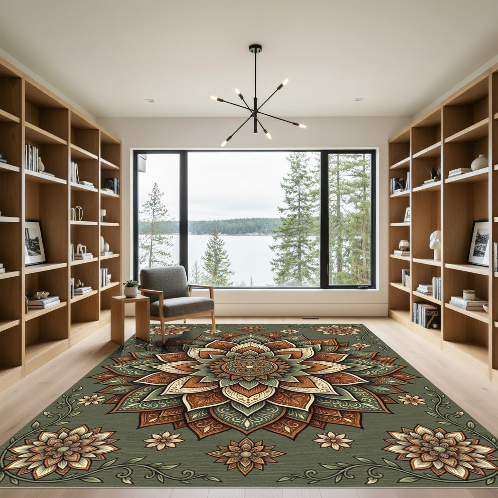 Sage Green Earthy Floral Medallion Rug