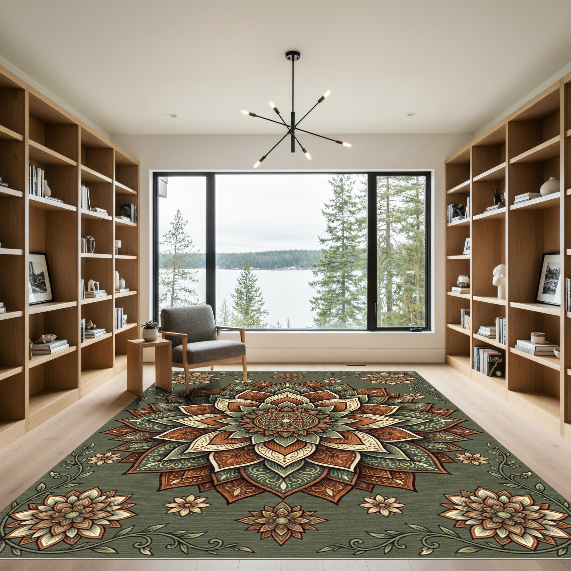 Sage Green Earthy Floral Medallion Rug
