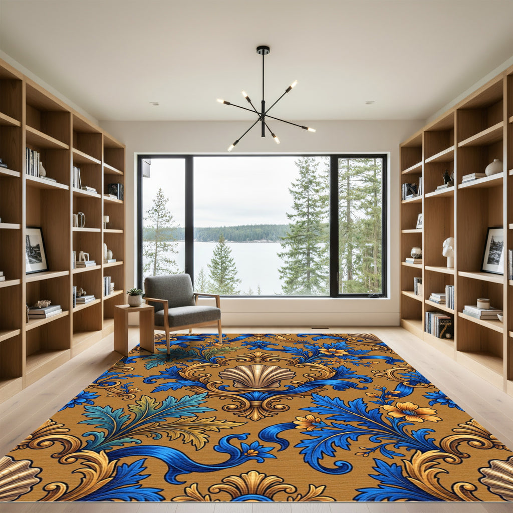 Blue and Gold Ornate Shell Scroll Rug