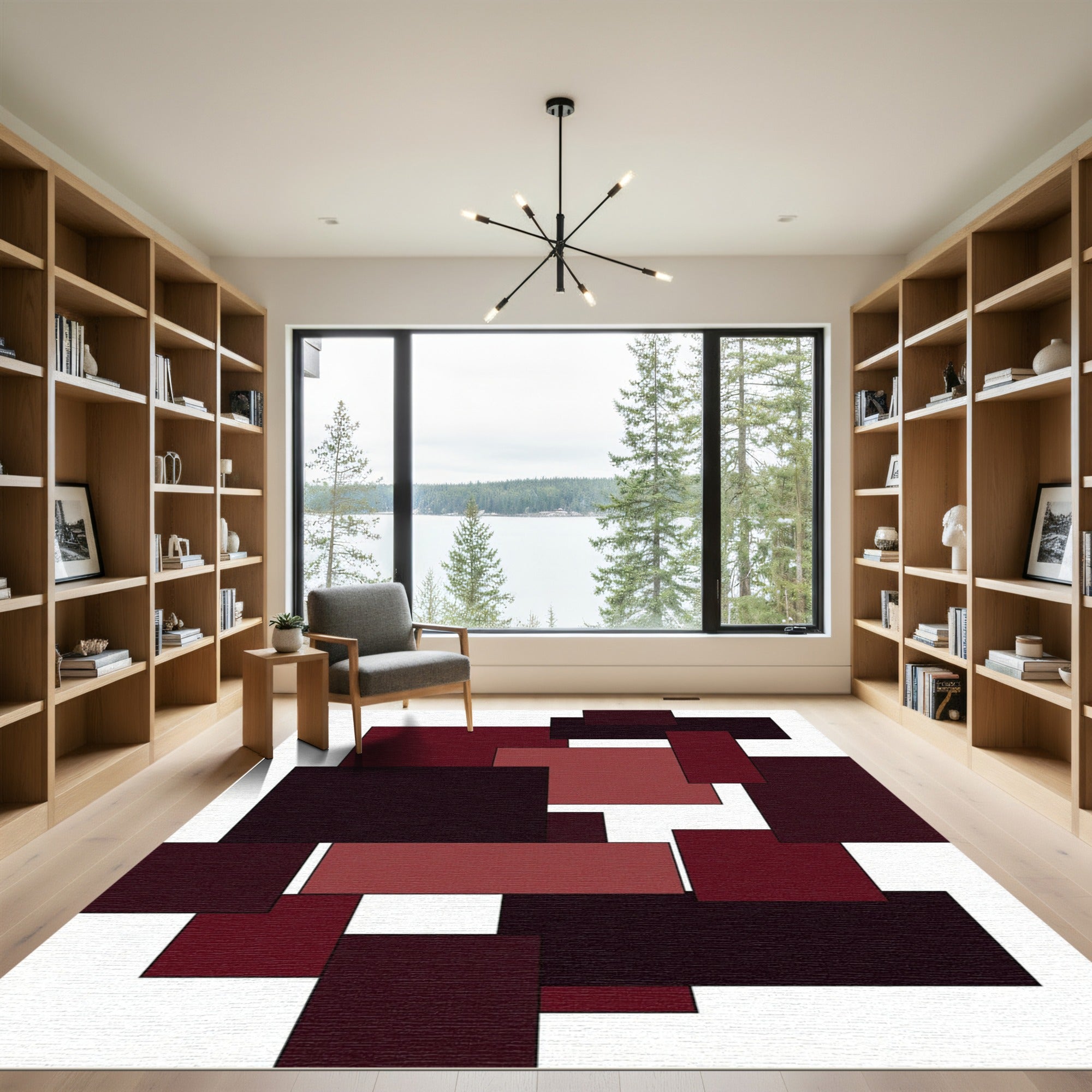 Minimalist Deep Crimson Geometric Block Rug