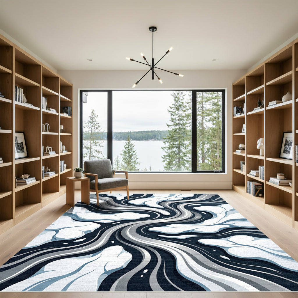 Monochrome Floating Ice Abstract Swirl Rug