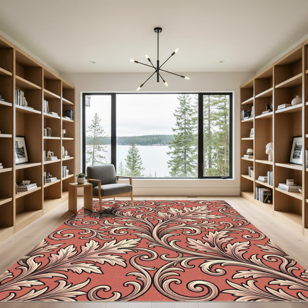 Ornate Coral Acanthus Leaf Scroll Rug