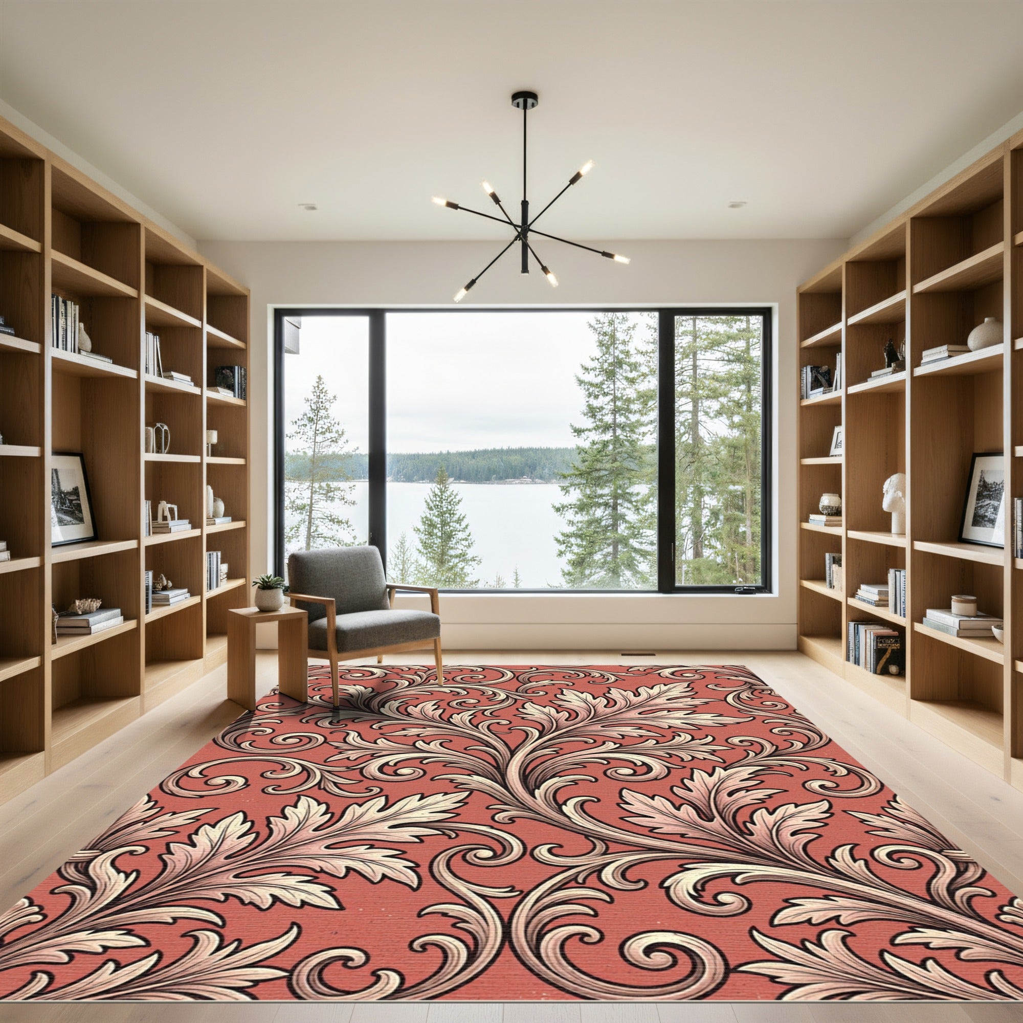 Ornate Coral Acanthus Leaf Scroll Rug