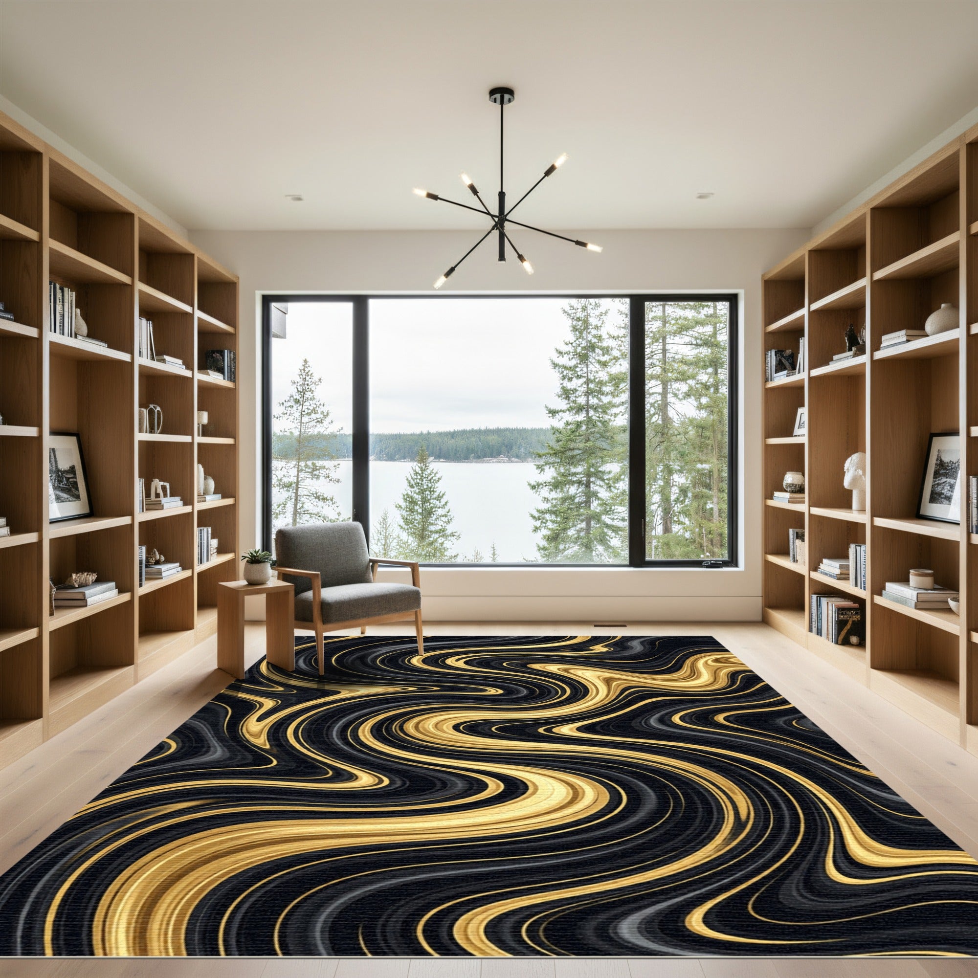 Elegant Golden Liquid Flow Swirls Rug