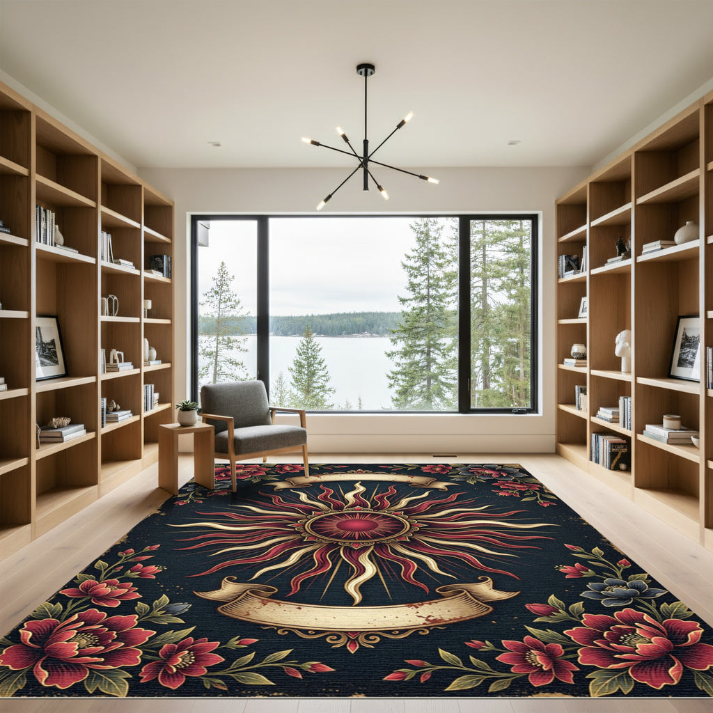 Celestial Crimson Sun Golden Floral Medallion Rug
