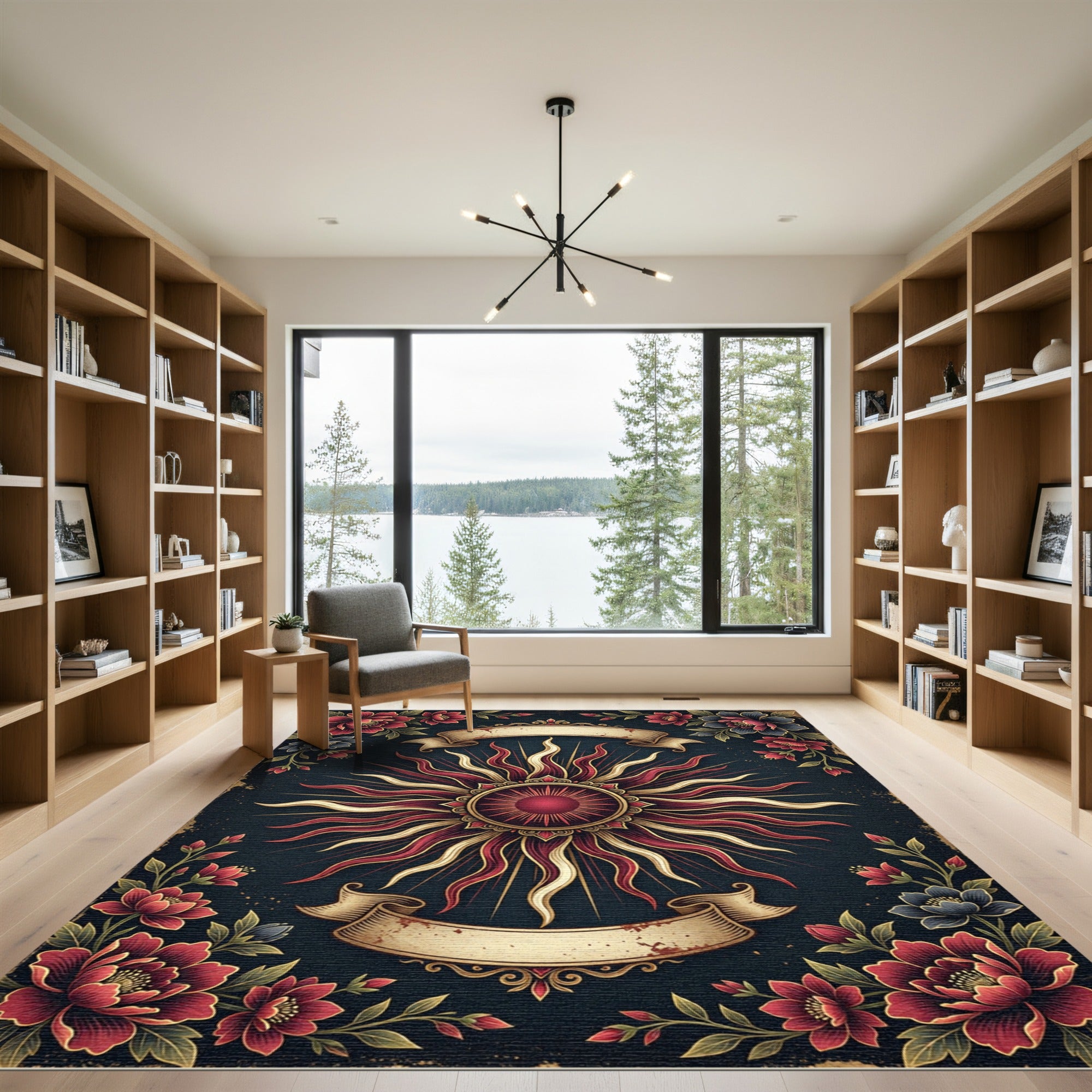 Celestial Crimson Sun Golden Floral Medallion Rug