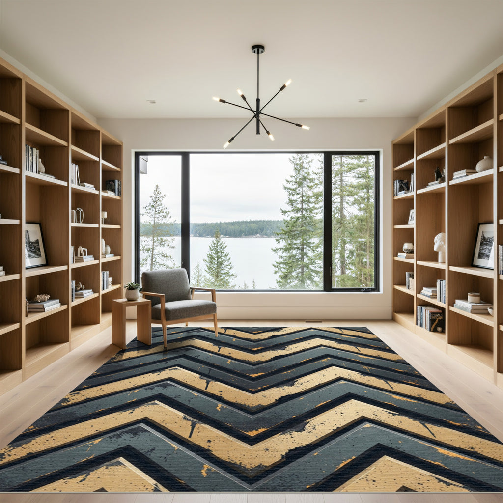 Weathered Gold and Black Chevron Rug