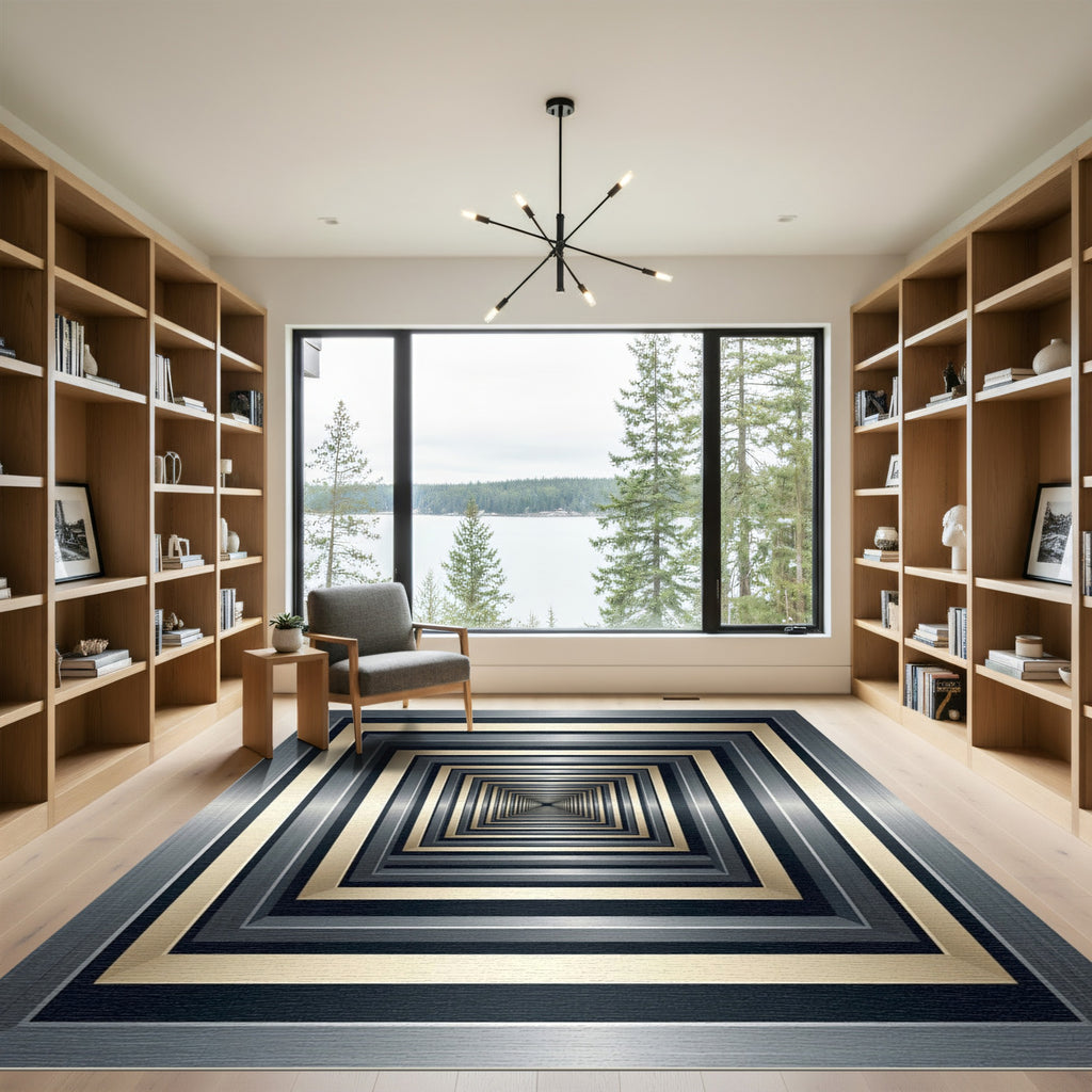 Modern Metallic Golden Silver Geometric Tunnel Rug