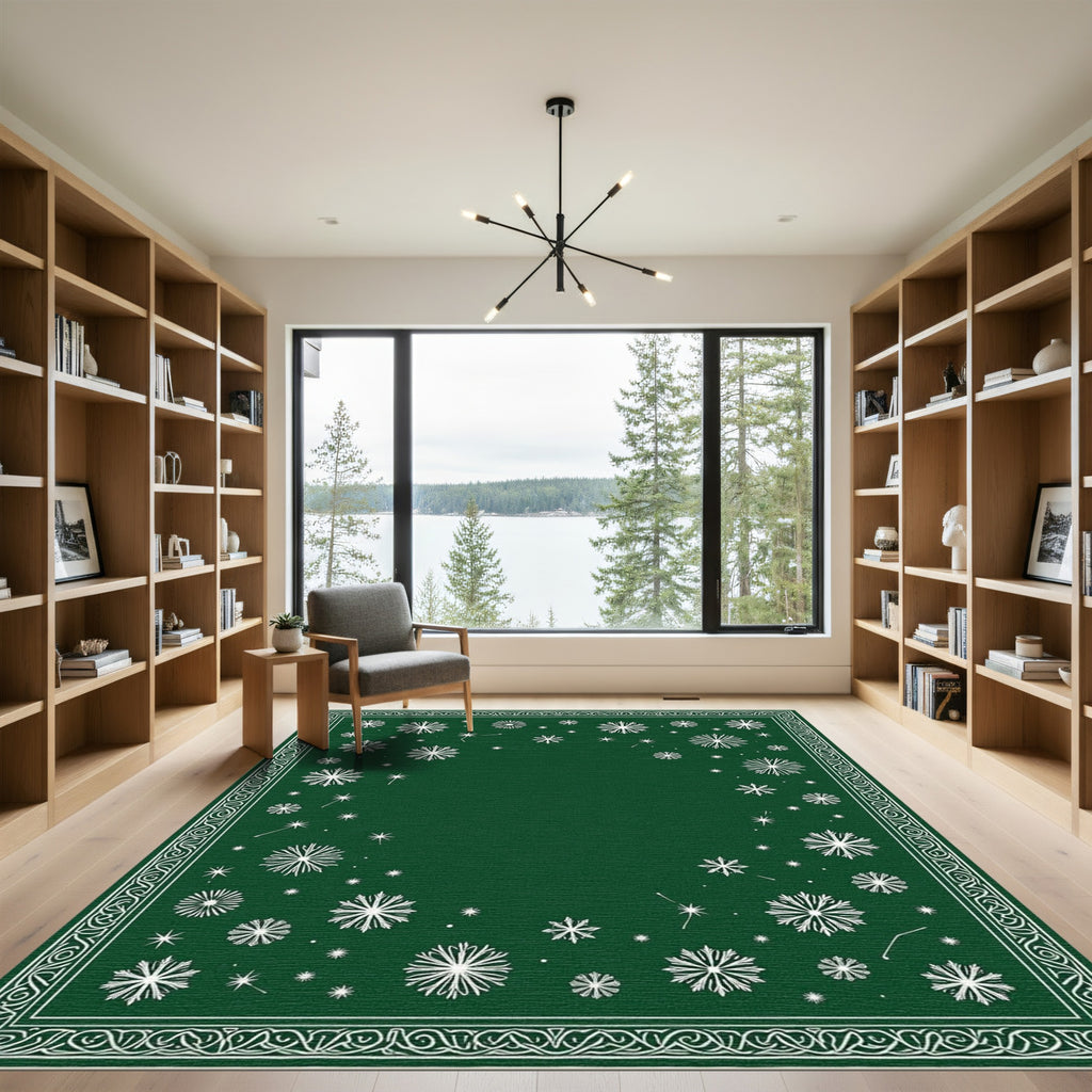 Deep Green White Snowfall Snowflake Rug