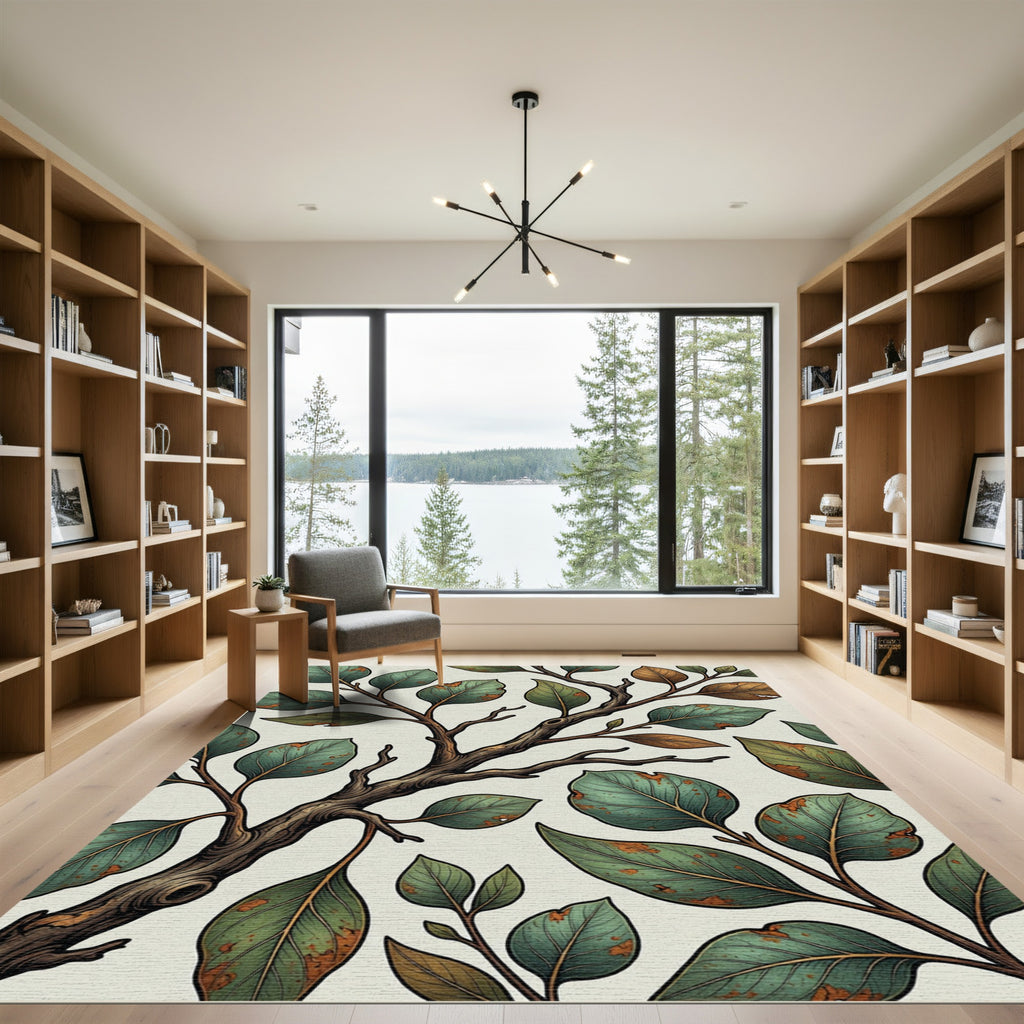 Rustic Green Botanical Branch Arrangement Rug