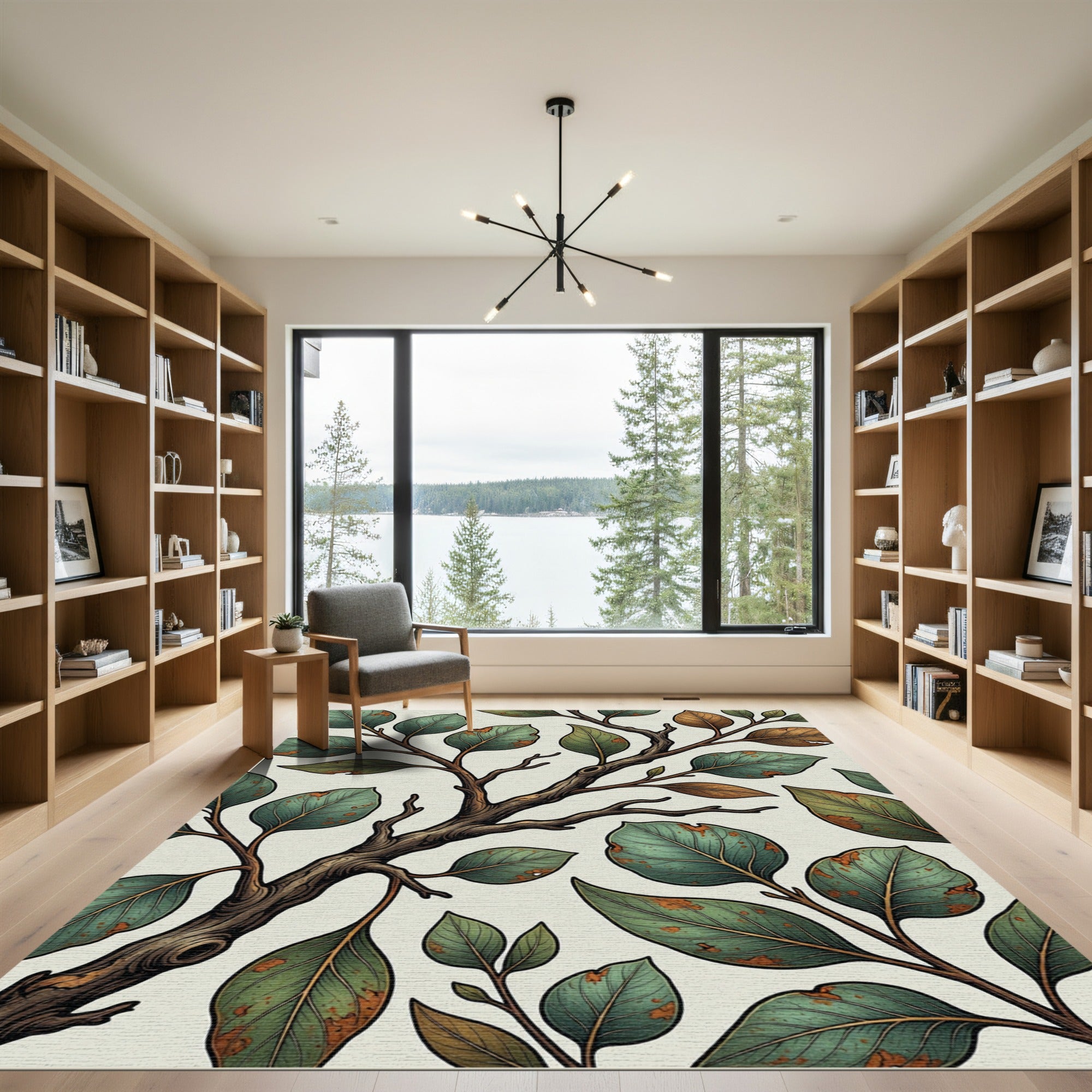 Rustic Green Botanical Branch Arrangement Rug