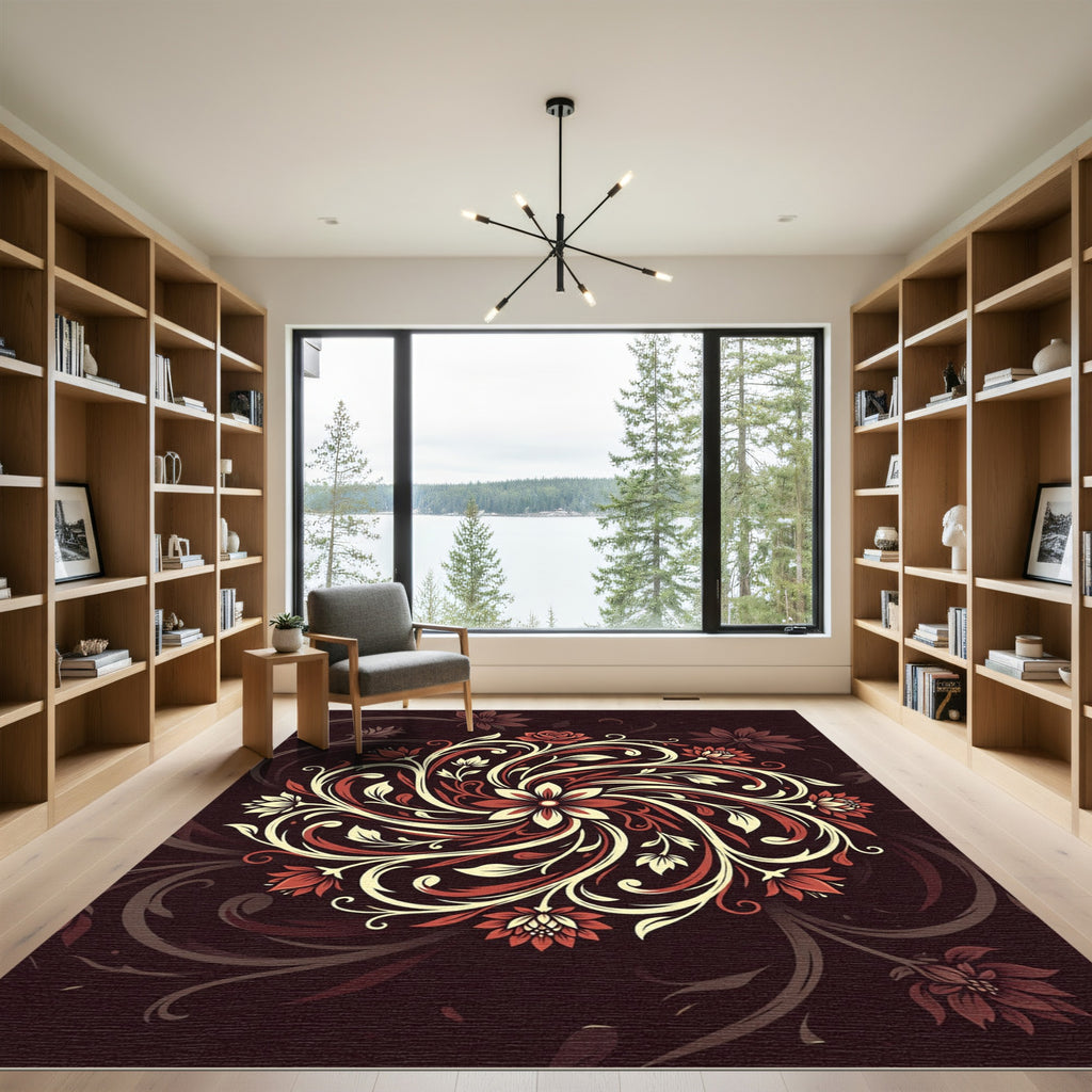 Crimson Ivory Floral Swirl Medallion Rug