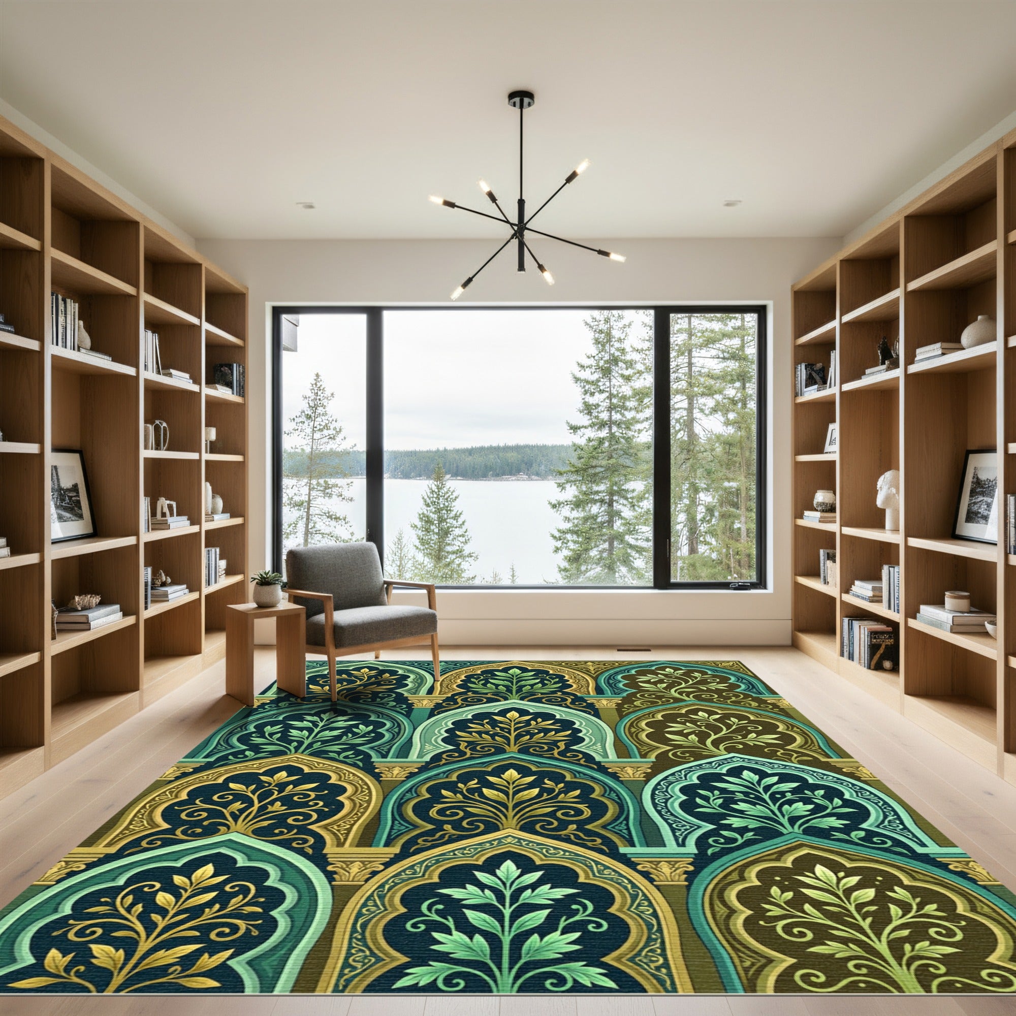 Ornate Emerald and Golden Arch Tapestry Rug