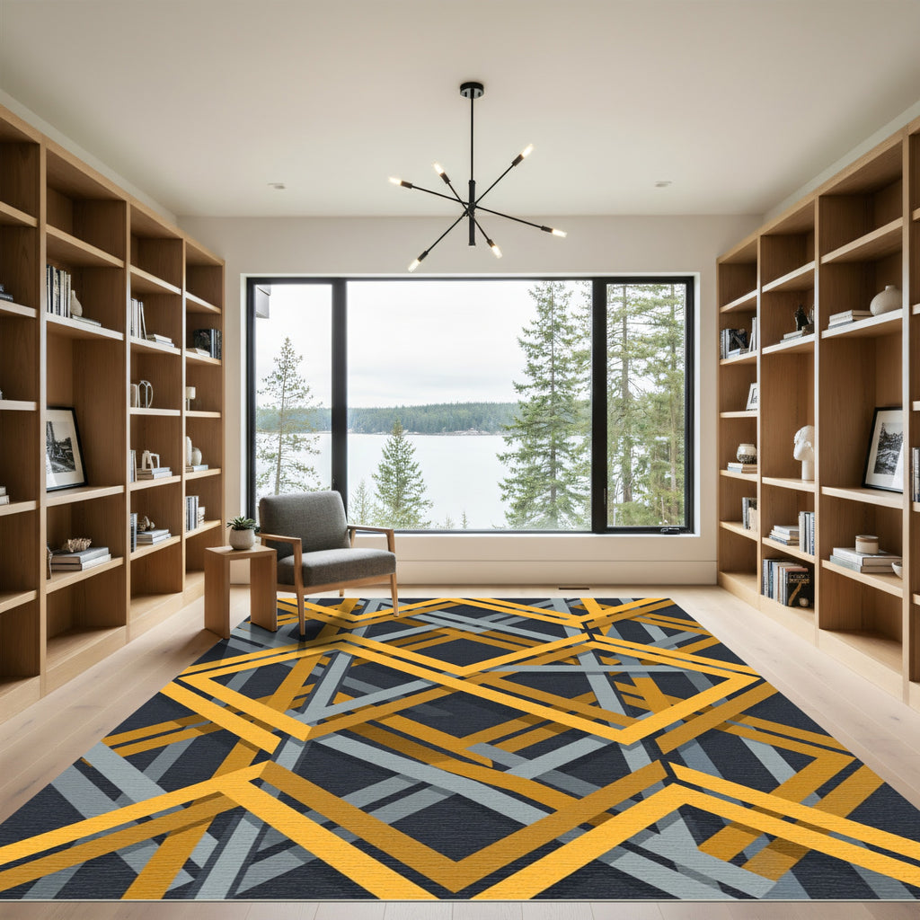 Golden Yellow Gray Interlocking Squares Rug