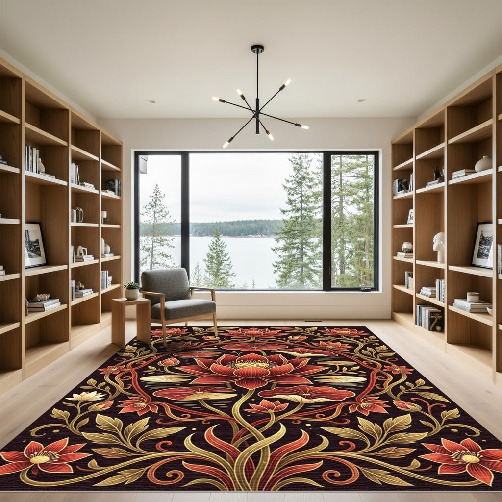 Crimson Lotus Botanical Gold Art Rug