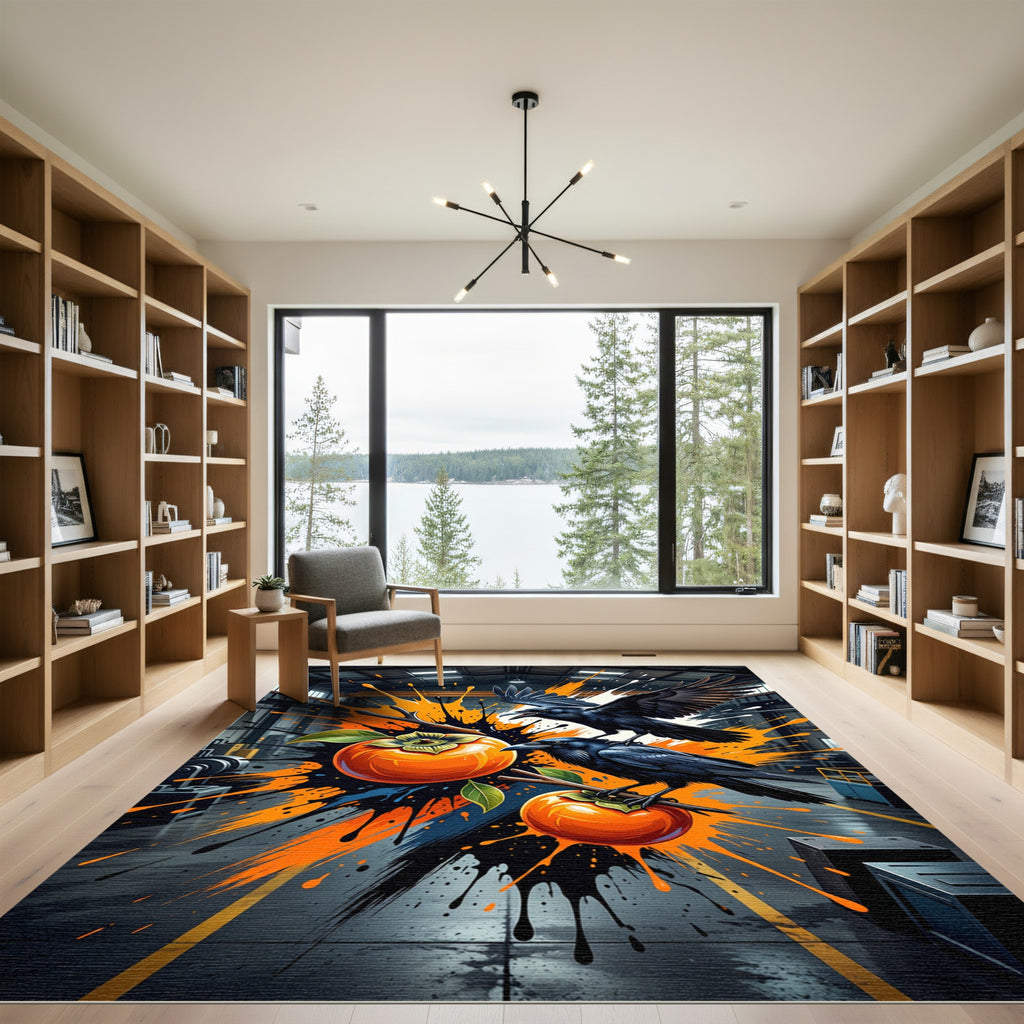 Ravens with Persimmons Abstract Ink Splash Rug