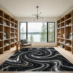 Dramatic Black Swirling Marble Rug