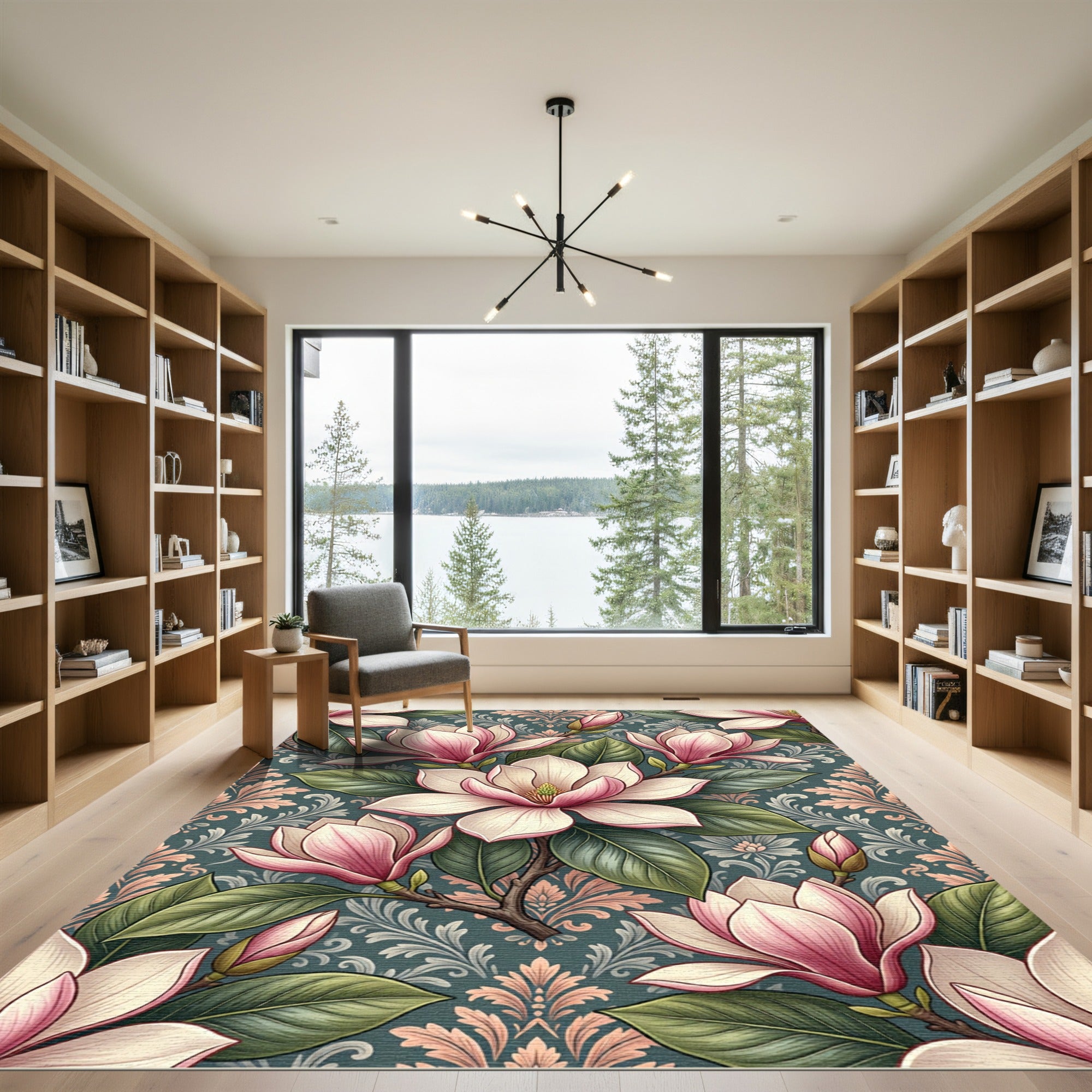 Elegant Pink Magnolia Floral Damask Wallpaper Rug