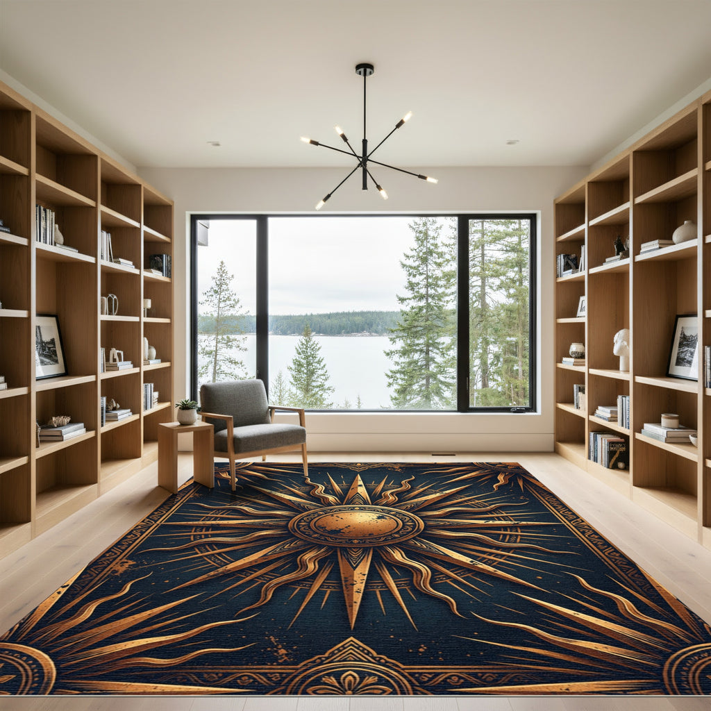 Celestial Gold Sunburst Navy Crest Rug